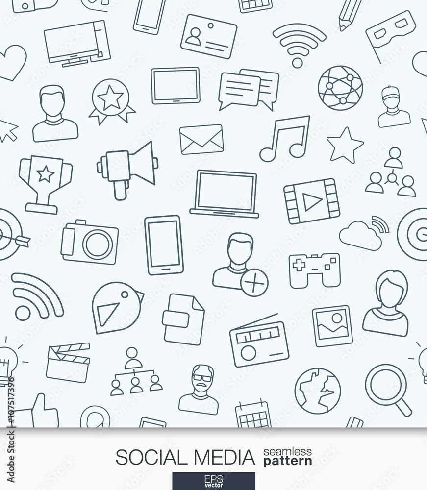 Social Media wallpaper. Network communication seamless pattern. Tiling textures with thin line web icons set. Vector illustration. Abstract background for mobile app, website, presentation.