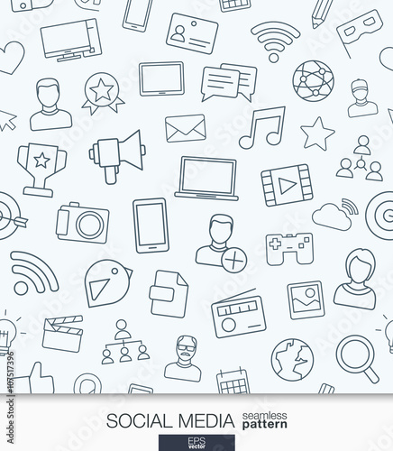 Social Media wallpaper. Network communication seamless pattern. Tiling textures with thin line web icons set. Vector illustration. Abstract background for mobile app, website, presentation.