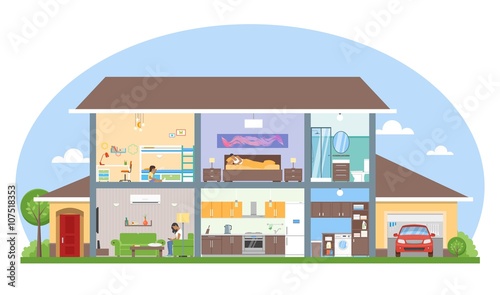 Home interior with room furniture vector illustration. Detailed modern house in flat style