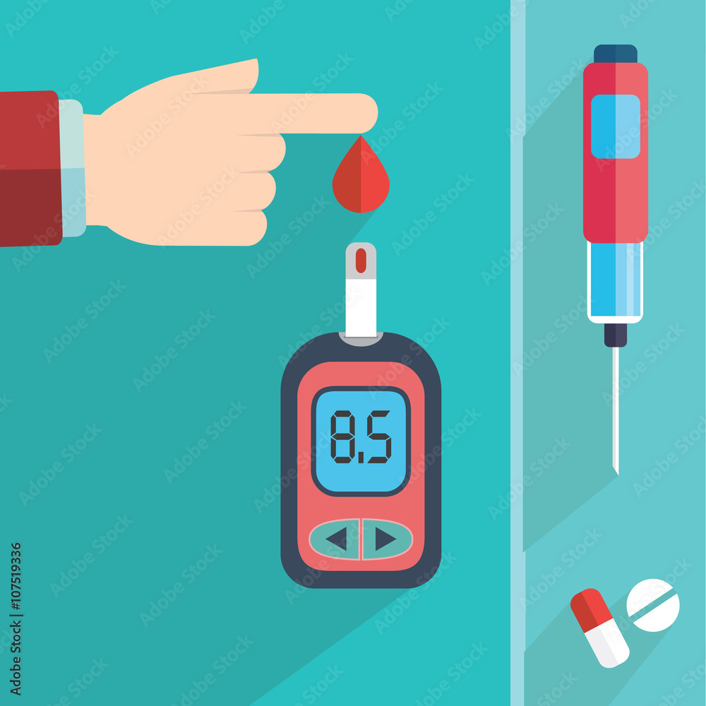 Diabetes Blood Glucose Test - Hand applying blood drop to test strip of Glucose Meter - Flat icon set Diabetes Blood Glucose Test - Hand applying blood drop to test strip of Glucose Meter - Flat icon set
