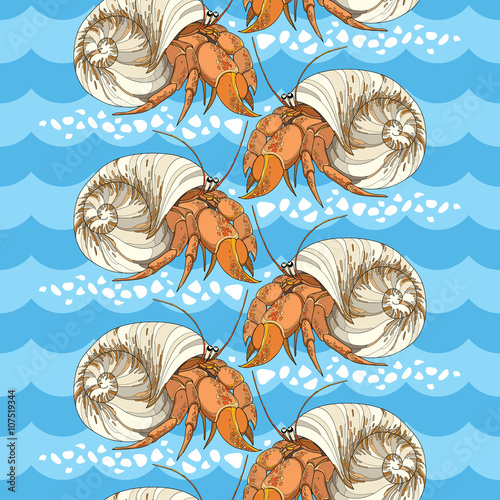 Fototapeta Seamless pattern with Hermit Crab in the round shell on the background with blue waves and pebbles in white