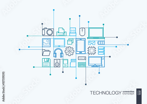 Technology integrated thin line symbols. Circuit board vector motion concept, with connected flat design icons. Illustration for digital, internet, network, social media, cloud, global concepts.