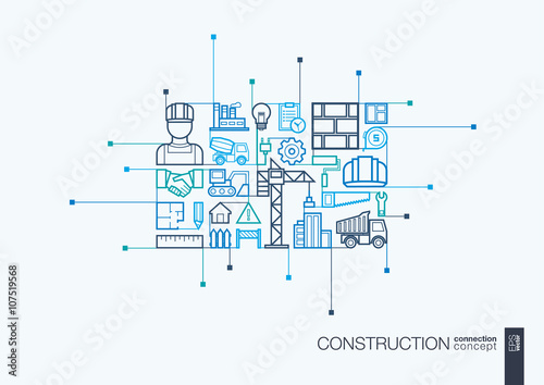 Construction integrated thin line symbols. Modern linear style vector concept, with connected flat design icon. Abstract background illustration for build, industry, architectural, engineering concept