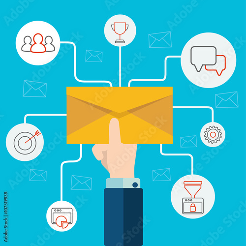 Concept of email advertising, direct digital marketing Human hand holding an envelope spreading information thought email distributing channel to customers