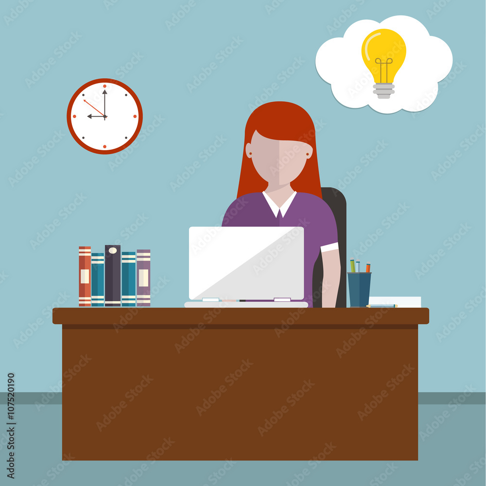 Workday and workplace concept. Vector illustration of a woman in the office having idea