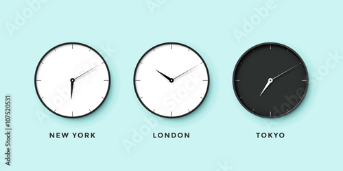 Set of day and night clock for time zones different cities. Black and white watch on a mint background. Vector Illustration