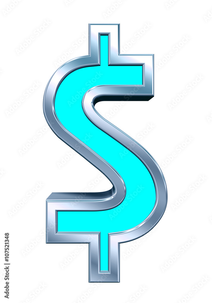 Dollar sign from blue with silver shiny frame alphabet set, isolated on white. 3D illustration. Dollar sign from blue with silver shiny frame alphabet set, isolated on white. 3D illustration.