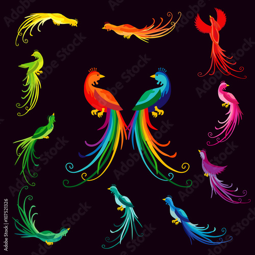 The colorful ethnic peacocks. The colored vintage birds of paradise with rainbow tailes.