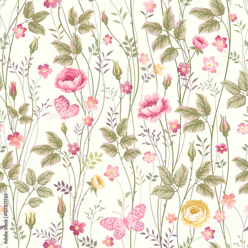 seamless floral pattern with roses and butterfly