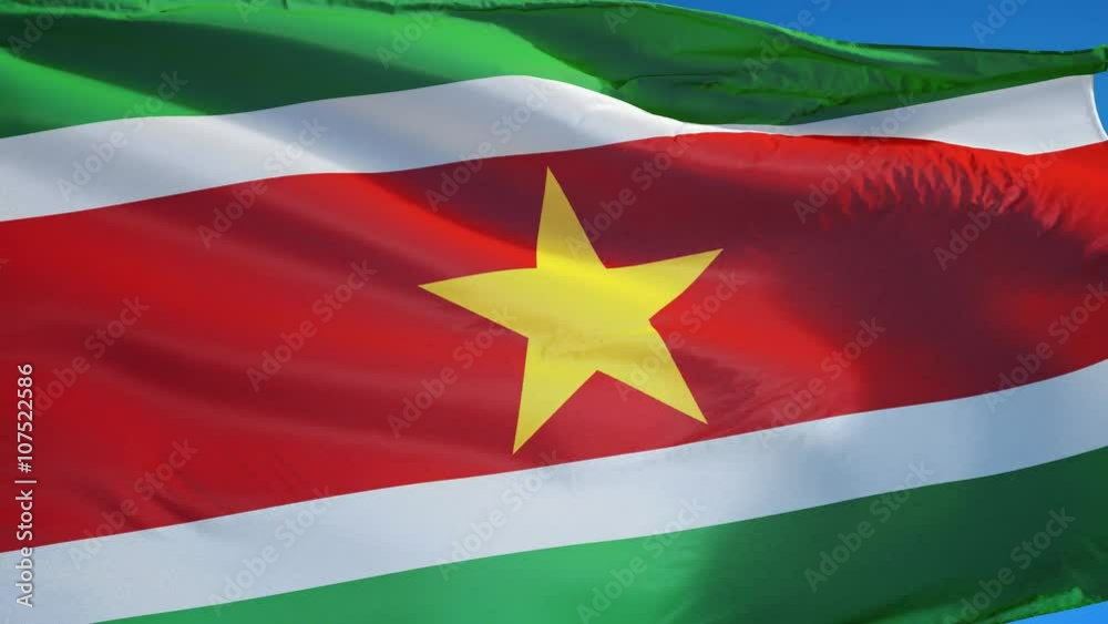 Suriname flag waving in slow motion against clean blue sky, seamlessly looped, close up, isolated on alpha channel with black and white luminance matte, perfect for film, news, digital composition