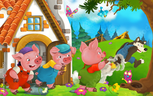 Fototapeta Pigs watching - bad wolf escaping with his back on fire - illustration for children