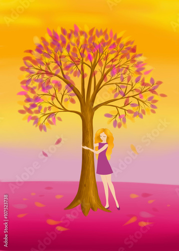 Harmony. Beautiful colorful illustration of a blonde woman in a dress hugging a tree in pink and yellow colors.
