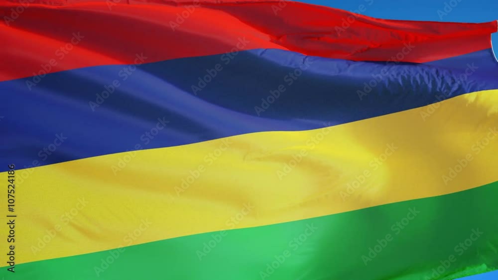 Mauritius flag waving in slow motion against clean blue sky, seamlessly looped, close up, isolated on alpha channel with black and white luminance matte, perfect for film, news, digital composition Mauritius flag waving in slow motion against clean blue sky, seamlessly looped, close up, isolated on alpha channel with black and white luminance matte, perfect for film, news, digital composition