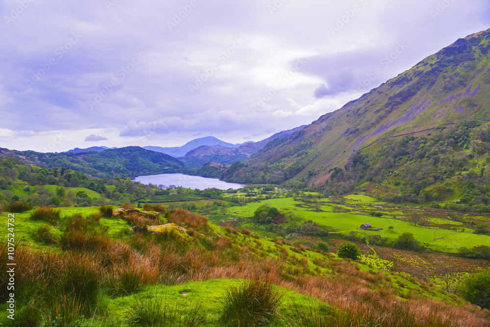 View to lake and house in Snowdonia National Park, Wales, United Kingdom
