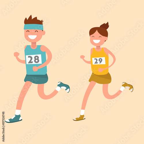  men and women participating in the marathon Vector illustration