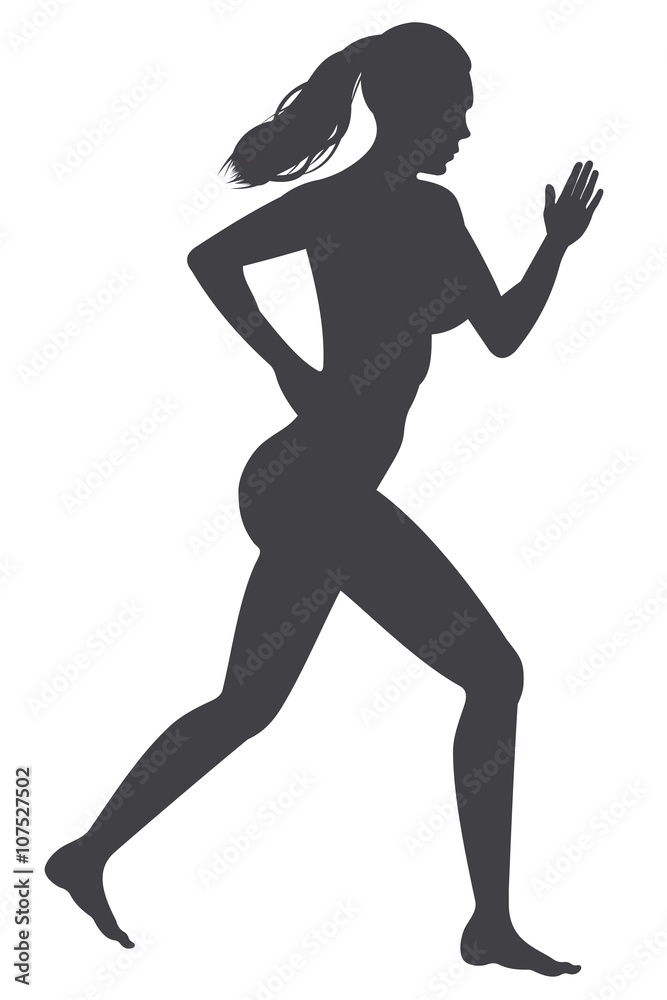 Running young woman black silhouette | Vector illustration nude girl runs isolated on white