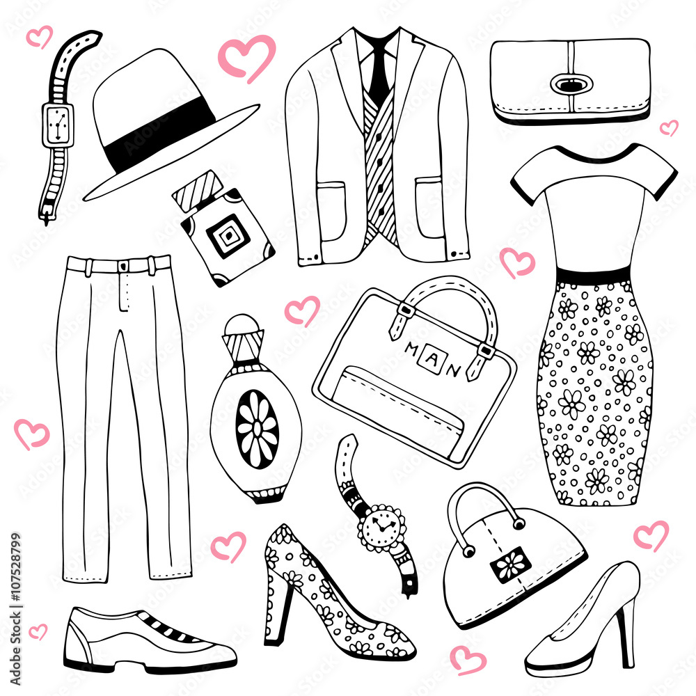 Fashion clothes and accessories set. Summer doodles collection. Vector  sketch icons for man woman beauty design. Stock Vector