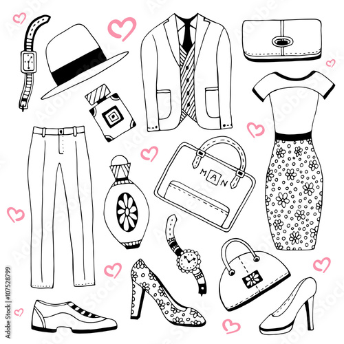 Fashion clothes and accessories set. Summer doodles collection. Vector sketch icons for man woman beauty design.