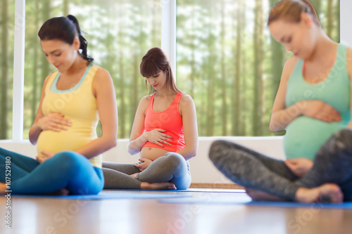 Fototapeta Naklejka Na Ścianę i Meble -  happy pregnant women exercising yoga in gym