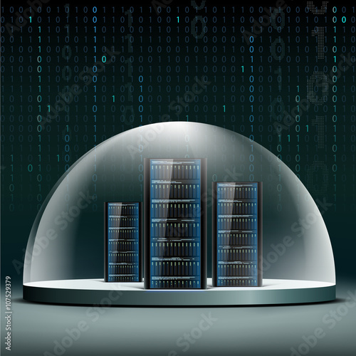 Network servers under a glass dome. Security database from hacke