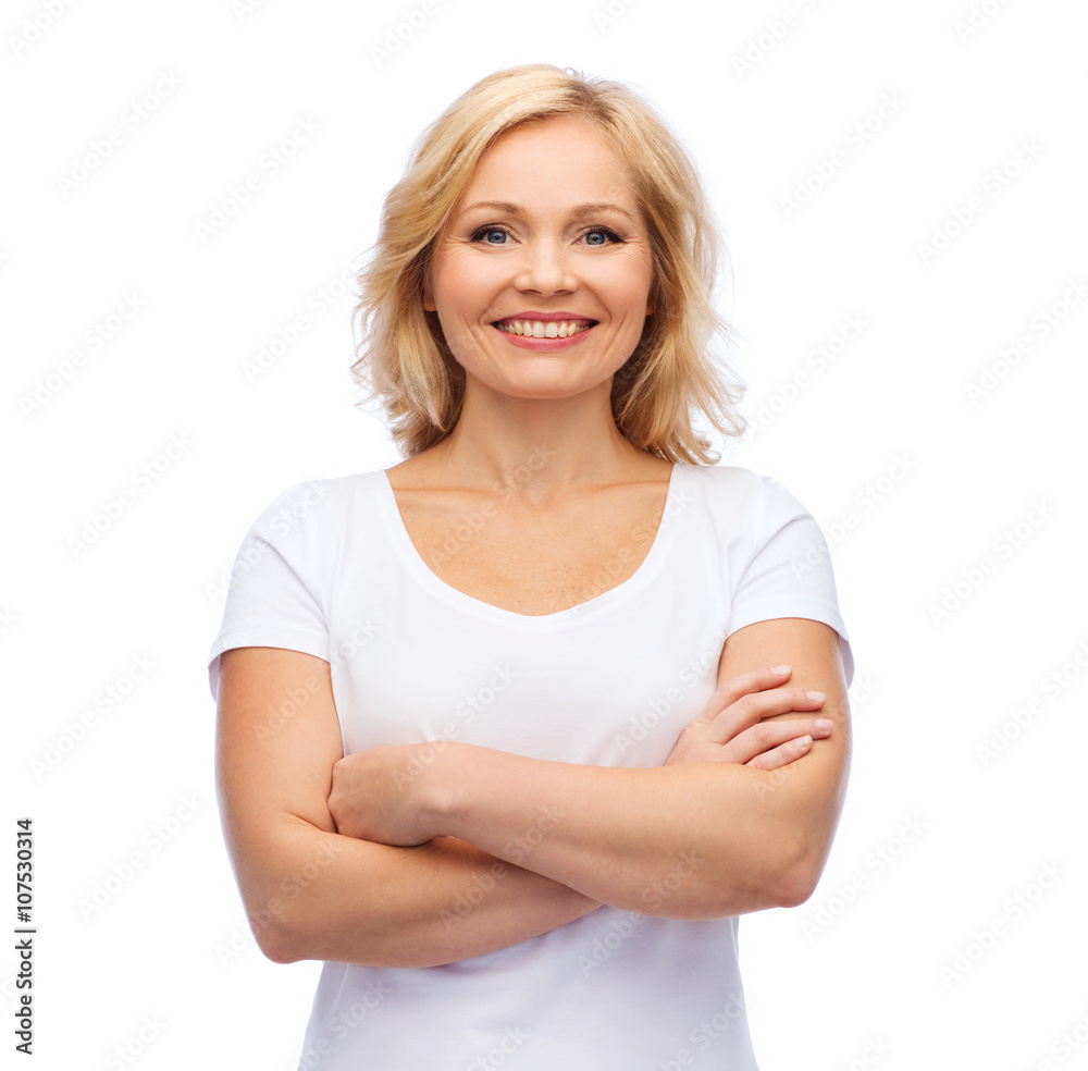 smiling woman in blank white t-shirt smiling woman in blank white t-shirt