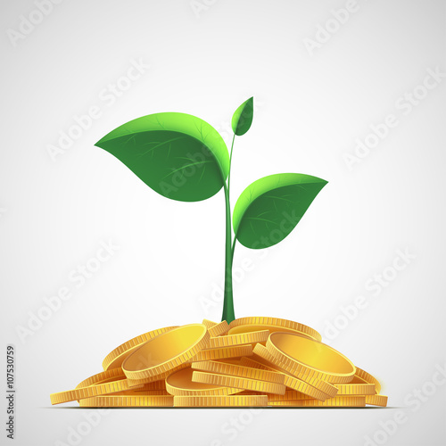 Plant with leaves on a pile of gold coins. Money deposit to the