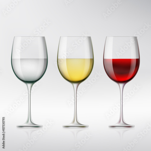 Set of glasses with red and white wine and water. Stock vector i