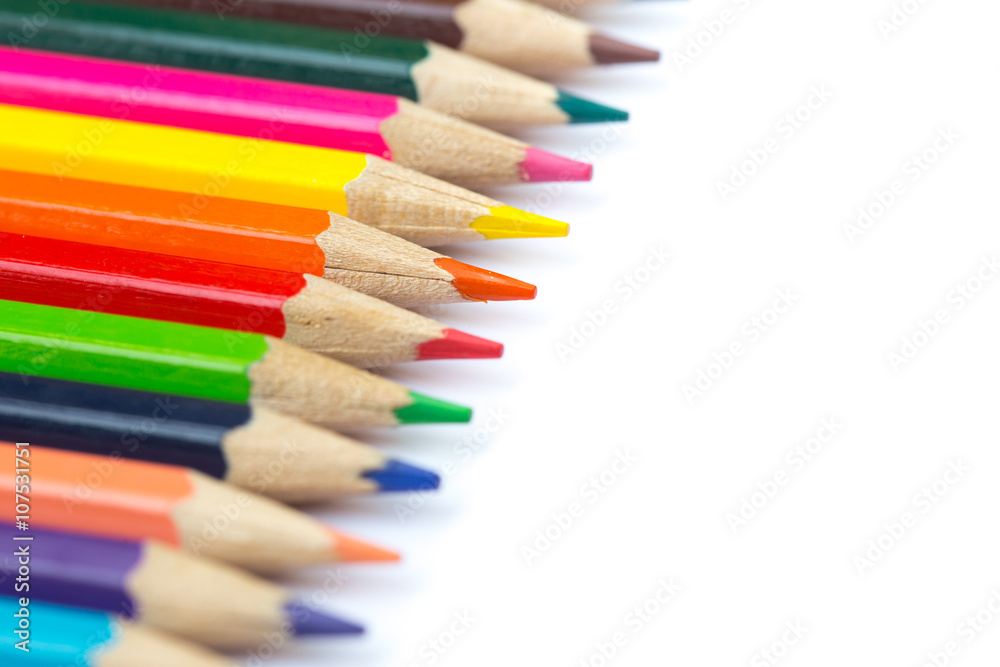 color pencil on white with copy space, colorful kids school artist concept.