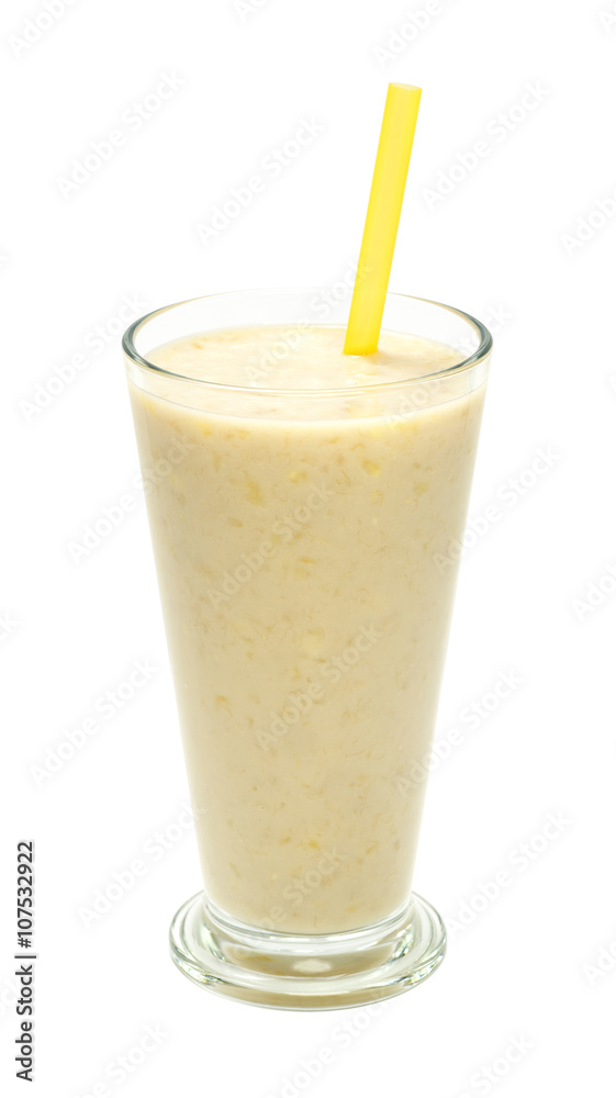 banana milk smoothies with straws on a white background