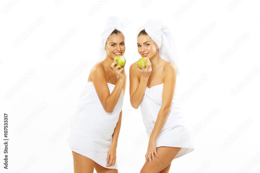 Two happy teen girl after shower Two happy teen girl after shower
