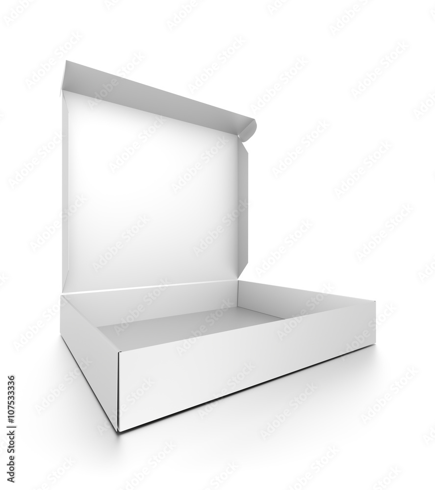 Closeup white open blank pizza box isolated on white background. Closeup white open blank pizza box isolated on white background.