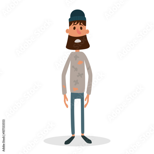 Homeless man. Cartoon flat character. Homeless character. Homeless people. Homeless person