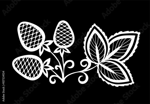 beautiful monochrome black and white strawberry, flower with leaves and swirls isolated.