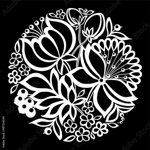 beautiful monochrome black and white flowers and leaves isolated.