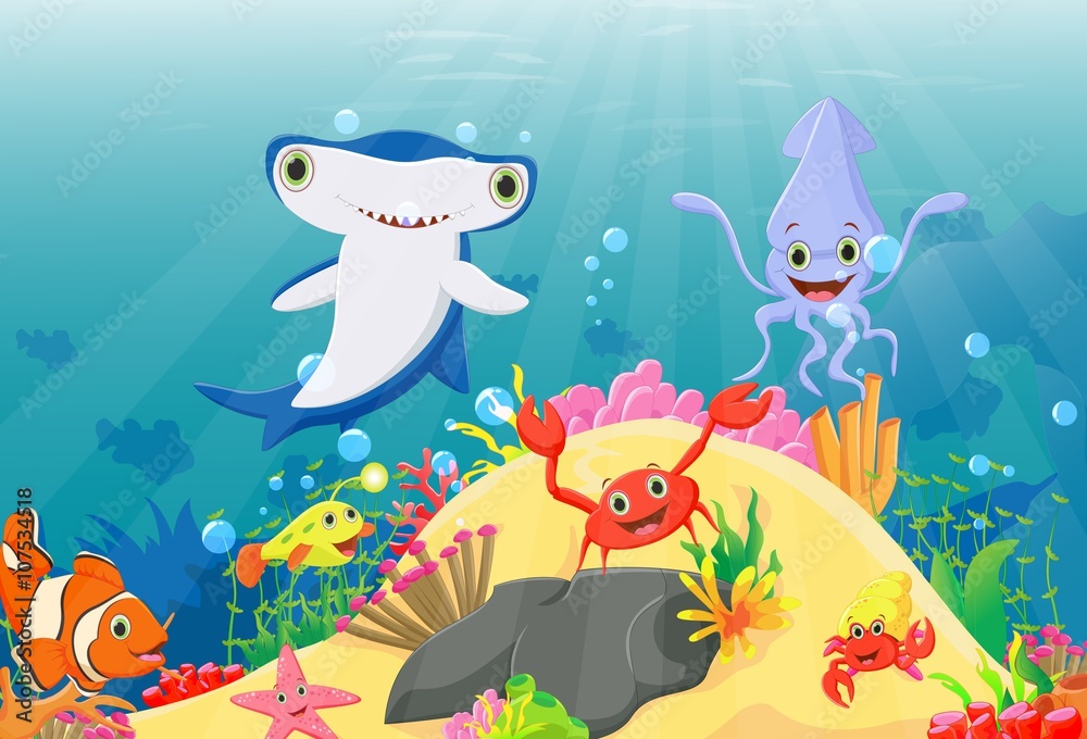 Obraz premium illustration of Underwater world with reefs and tropical fishes