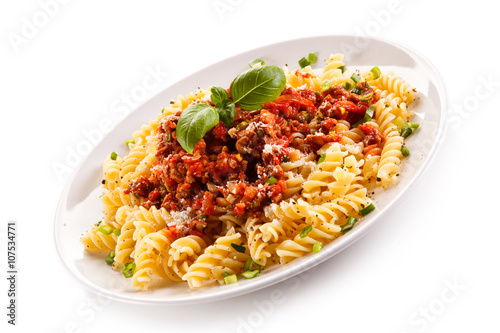 Pasta with meat, tomato sauce and vegetables