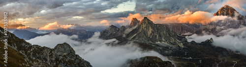 Panorama sunset mountains in Dolomite photo