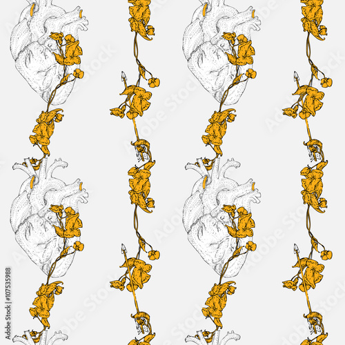 Valentines day seamless pattern with realistic human hearts, arrows, flowers. Valentines day design, floral card. Hand drawn vector illustration.