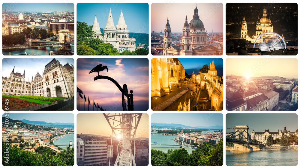set of beautiful buildings and sights of Budapest
