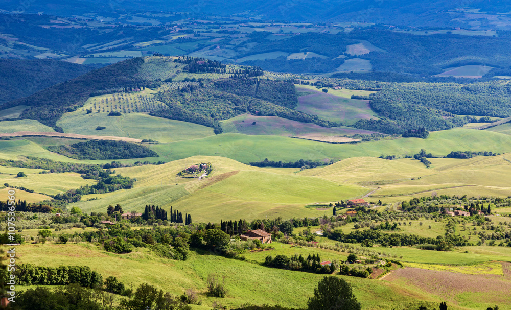 Tuscan landscape, fields and meadows near Volterra