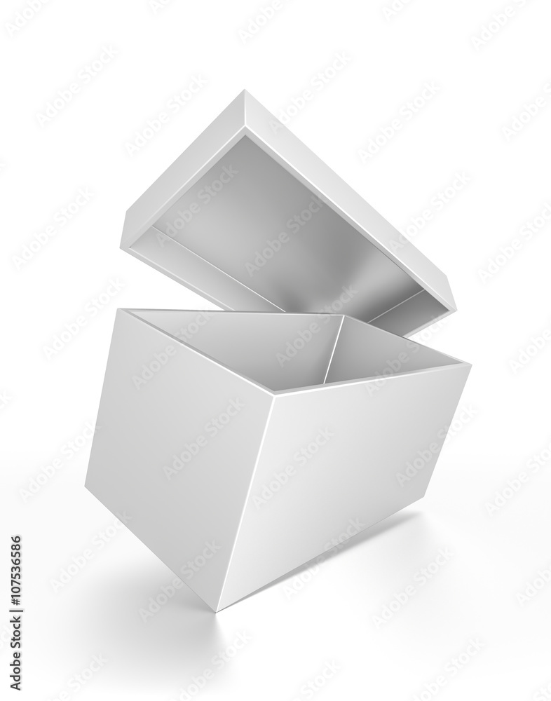 Closeup white open rectangle blank box with cover isolated on white background. Closeup white open rectangle blank box with cover isolated on white background.