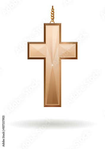 Golden cross on the gold chain isolated on white background. Chr