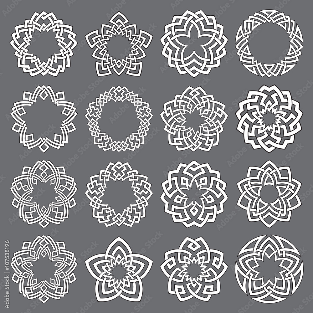 Set of round frames. Sixteen pentagonal decorative elements with stripes braiding for your logo or monogram design. Mandalas collection of white lines with black strokes on gray background.