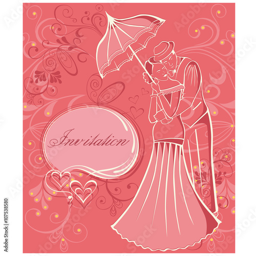 Newlyweds. Couple with umbrella. Wedding invitation.