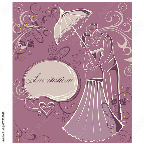 Newlyweds. Couple with umbrella. Wedding invitation.