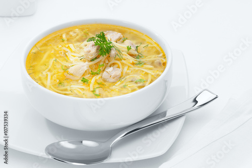close up view of nice yummy russian noodle soup on white back