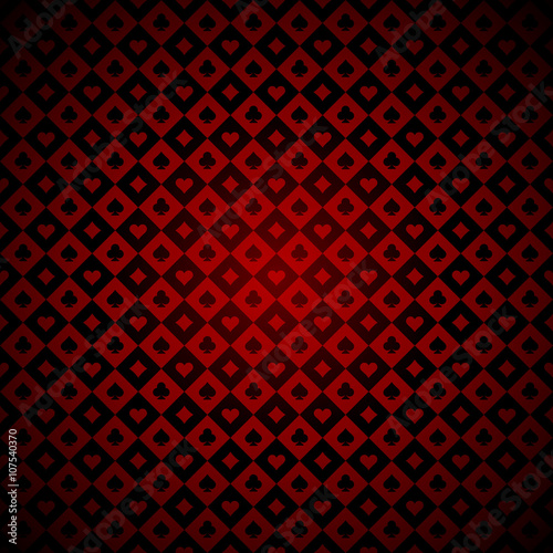 Playing cards signs red and black casino checkered background.