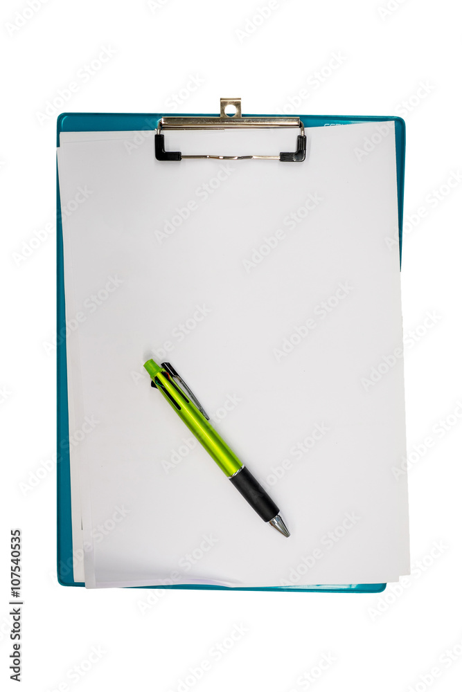 Isolated blank white paper, pen and clipboard Isolated blank white paper, pen and clipboard