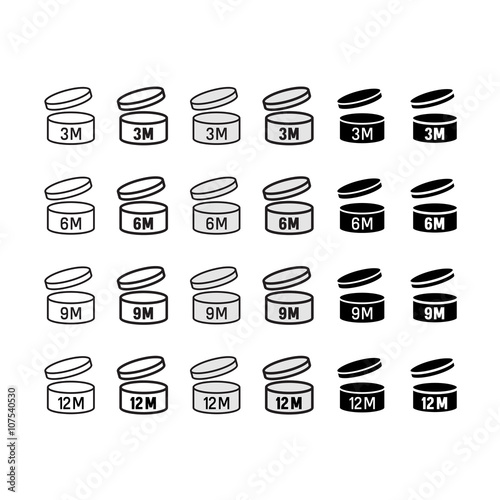 Expiration date after opened icons set. Round box with cap opene