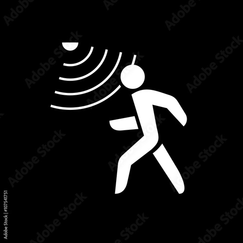 Walking man silhouette with motion sensor. White on black backgr